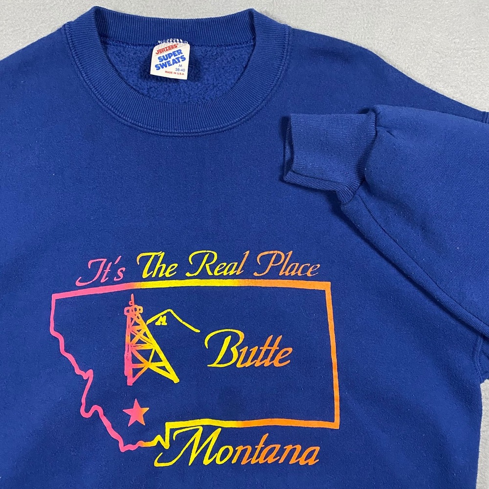 Vintage Jerzees Super Sweats Butte Montana Sweatshirt Blue Mens Medium Made USA